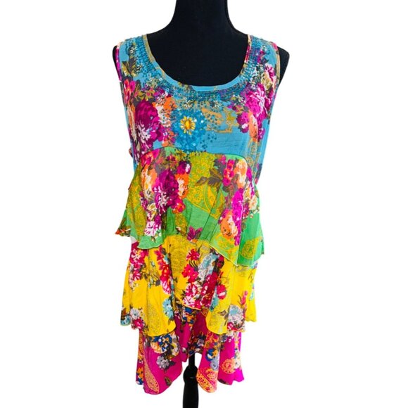 Colorful Floral Tiered Sleeveless Dress Faith L 100% Viscose Boho Hippie Romanti - Picture 1 of 9